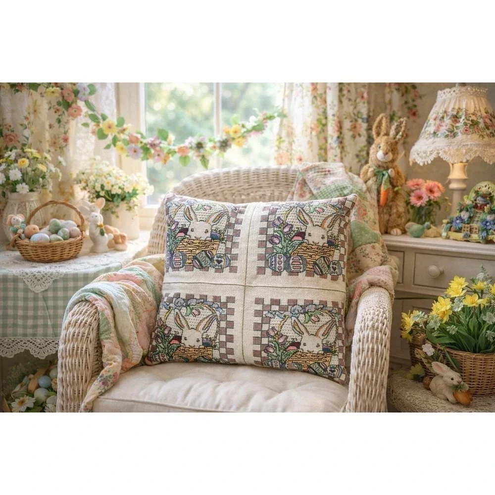 VTG Needlepoint Tapestry‎ Four Window Bunny Easter Pillow, 11.5x11.5